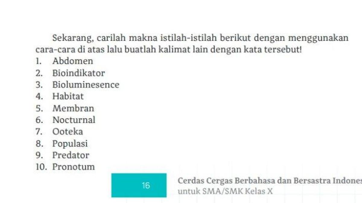 Soal buku Bahasa Indonesia Kelas 10 halaman 16 Kurikulum Merdeka - Kunci jawaban Bahasa Indonesia Kelas 10 halaman 16 Kurikulum Merdeka, kegiatan 3 yaitu Makna Istilah Abdomen, Bioindikator hingga Pronotum, Bab 1.
