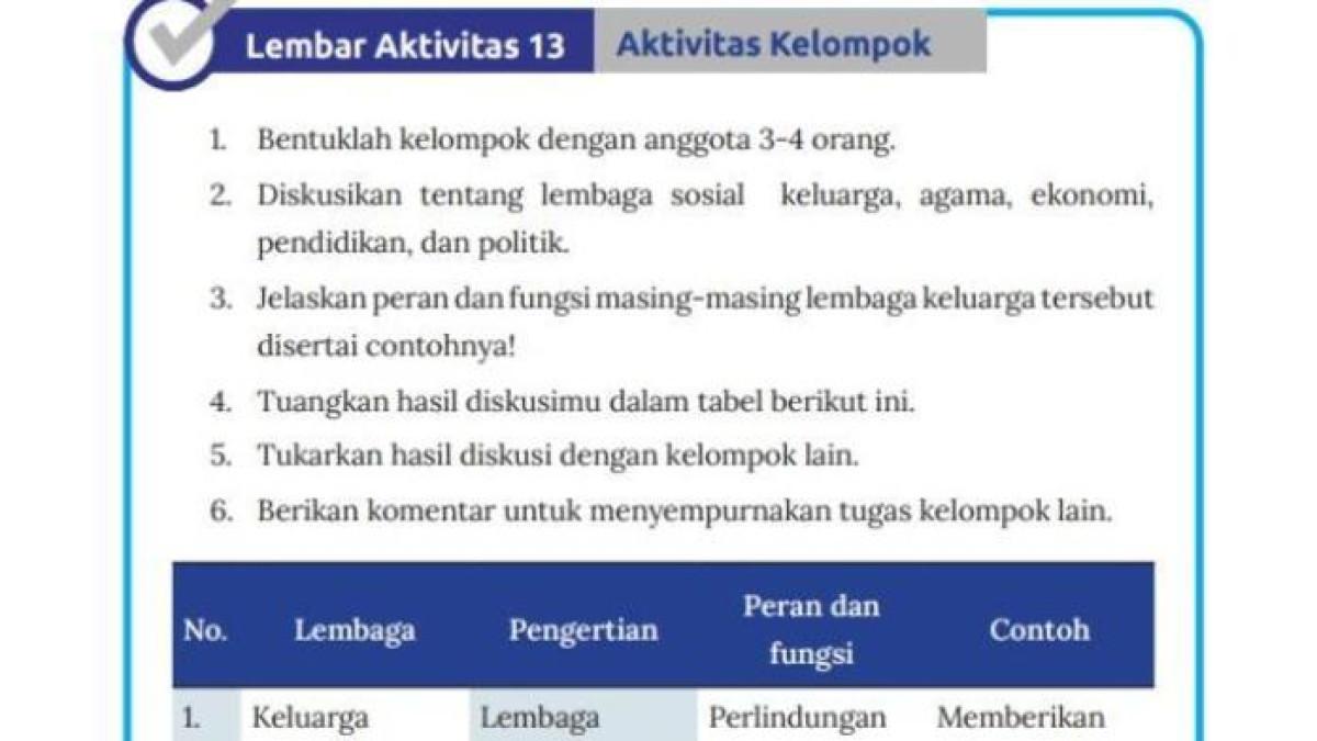 Soal buku IPS Kurikulum Merdeka Kelas 8 halaman 40 - Kunci jawaban IPS Kurikulum Merdeka Kelas 8 halaman 40 soal lembar aktivitas 13, lembaga sosial, keluarga, agama, ekonomi, pendidikan dan politik.