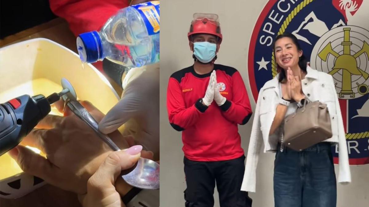 INSIDEN JENNIFER BACHDIM - Jennifer Bachdim bersama petugas Damkar yang menolongnya.