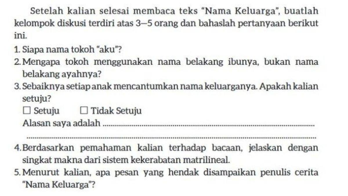 Inilah kunci jawaban Bahasa Indonesia kelas 9 SMP/MTs halaman 20 pada buku Kurikulum Merdeka, Bab 1: Demi Keluarga, Kegiatan 8a: Memahami Teks 