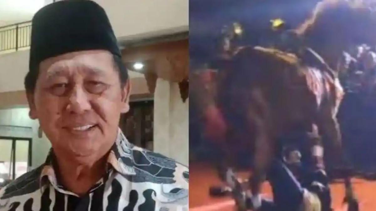 TERINJAK KUDA - Ketua DPRD Sumedang, Sidik Jafar terjatuh dan terinjak kuda saat mengikuti Kirab Budaya Mahkota Binokasih di Kabupaten Sumedang. Saat sudah menginjak pelana, kuda tiba-tiba bergerak sehingga membuat korban kehilangan keseimbangan, Sabtu (2/5/2026).