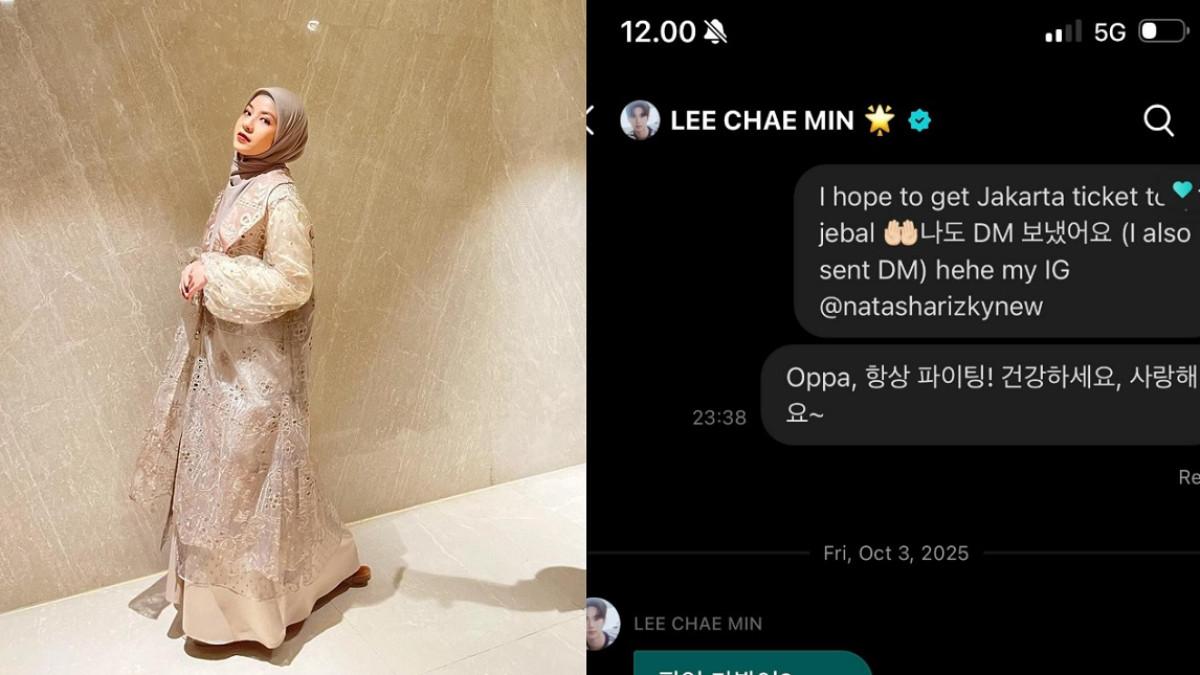 LEE CHAE MIN BALAS DM - Kolase potret Natasha Rizky dan pesan yang ia dapat dari Lee Chae Min. Foto diambil dari Instagram @natasharizkynew dan threads Natasha Rizky
