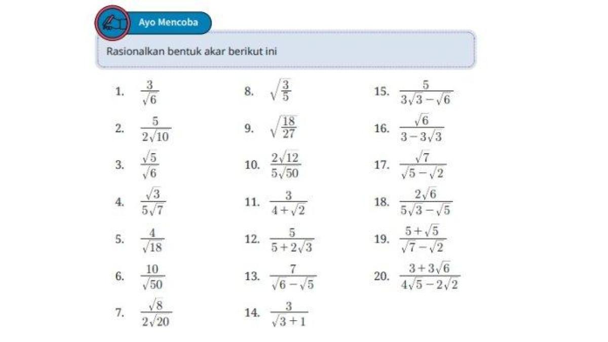 Soal buku Matematika Kelas 8 halaman 37 Kurikulum Merdeka - Kunci jawaban Matematika Kelas 8 halaman 37 Kurikulum Merdeka, Ayo Mencoba Rasionalkan bentuk Akar, Bab 1 Bilangan Berpangkat, B Bilangan Bentuk Akar.