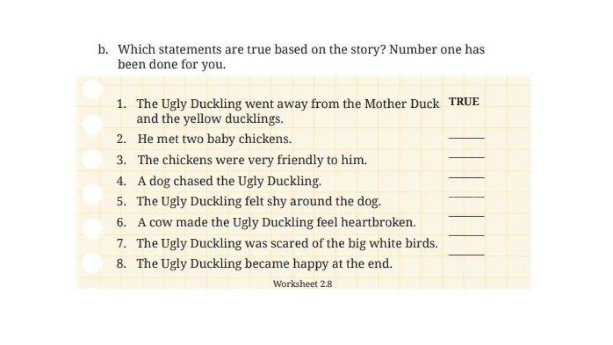Kunci jawaban Bahasa Inggris kelas 8 halaman 93 Kurikulum Merdeka. Terdapat soal terkait bacaan The Sad Ugly Duckling pada tugas Worksheet 2.8 dan Worksheet 2.9.