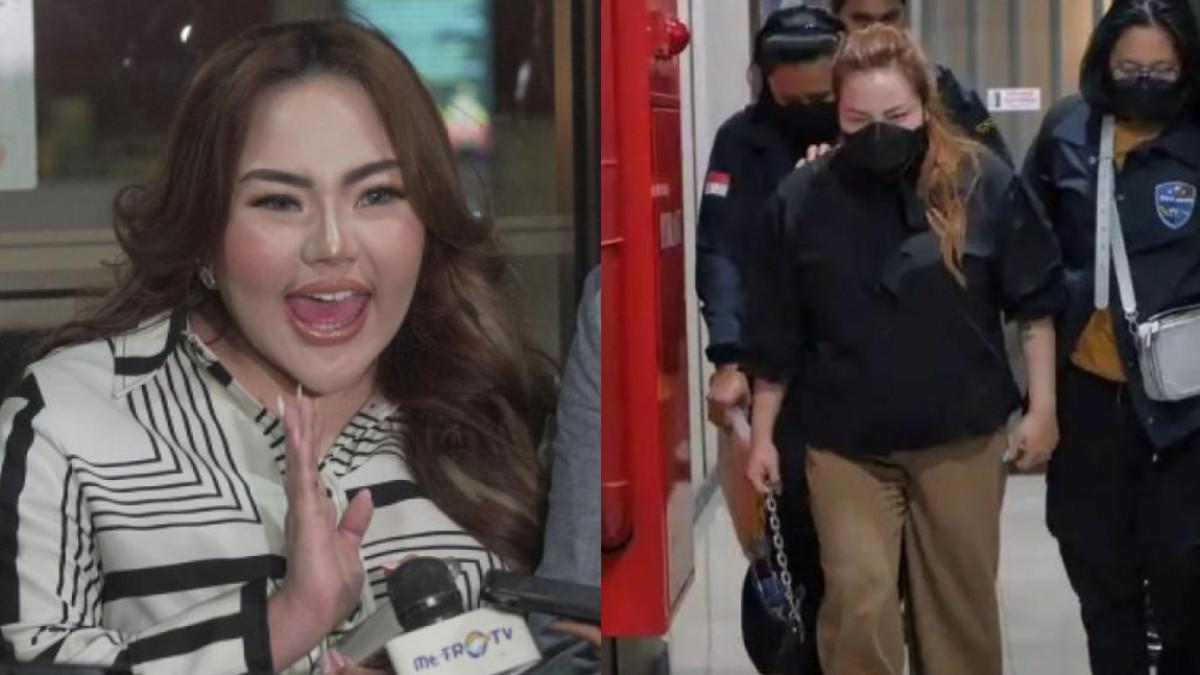 LISA MARIANA DITANGKAP - Lisa Mariana saat digiring petugas di Gedung Ditressiber Polda Jabar, Kamis (4/12/2025). Dia dibawa polisi hanya membawa tas kecil.