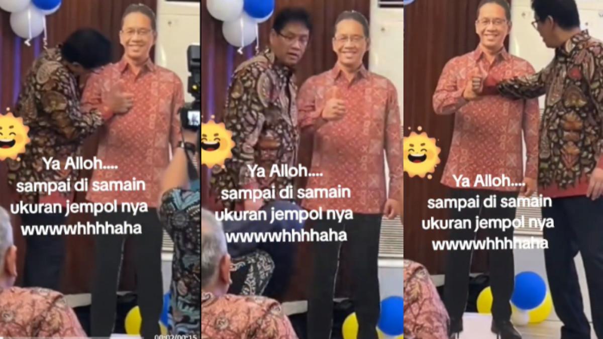 TINGKAH MENKEU PURBAYA - Menkeu Purbaya melakukan tingkah kocak saat melihat human standee bergambar dirinya.