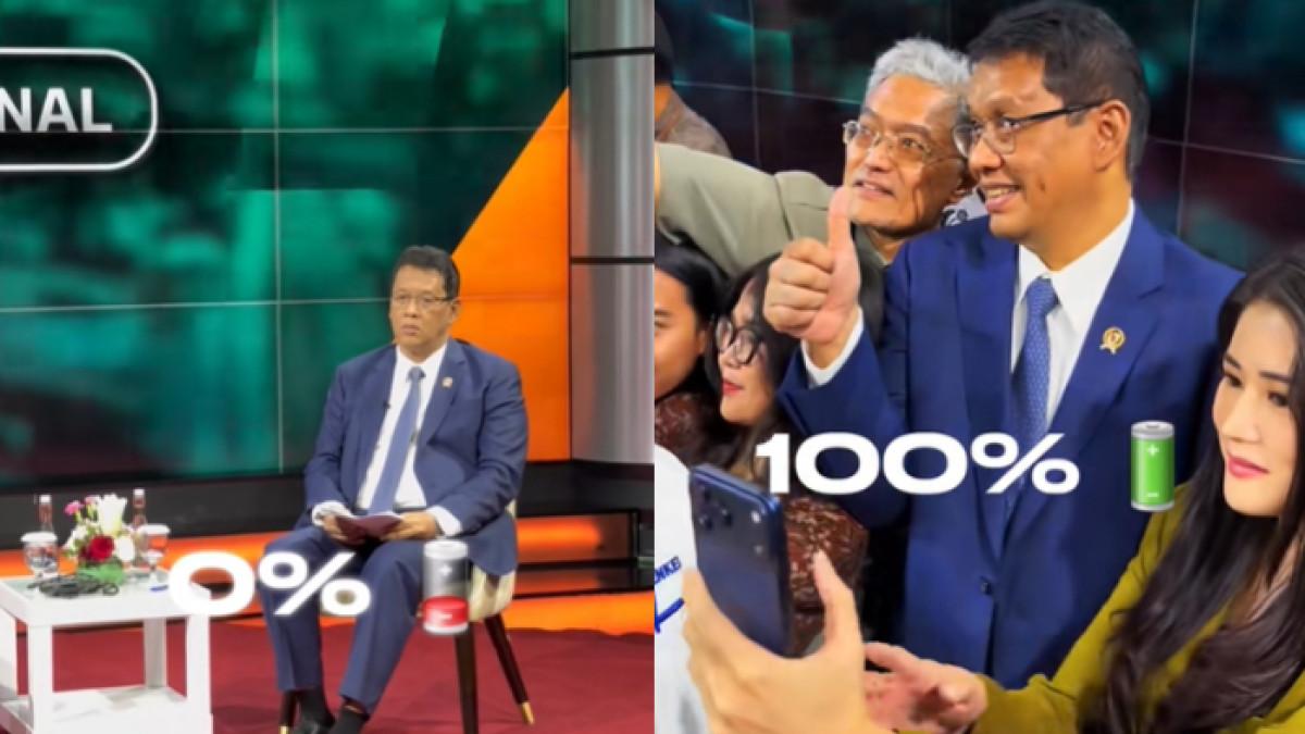 AKSI MENKEU PURBAYA - Menkeu Purbaya tampak serius ketika jadi bintang tamu. Namun berubah semringah ketika dimintai foto bersama.