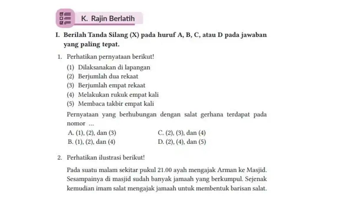 Soal buku PAI Kelas 8 halaman 102 Kurikulum Merdeka - Kunci jawaban Pendidikan Agama Islam (PAI) Kelas 8 halaman 102 103 104 105 106 Kurikulum Merdeka, Rajin Berlatih Bab 4, Soal piligan ganda dan esai.