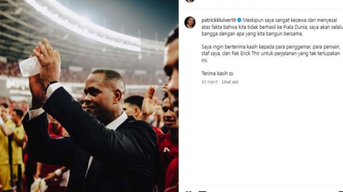 MINTA MAAF : Patrick Kluivert ucapkan terima kasih dan minta maaf atas kegagalan bawa Indonesia lolos piala dunia 2026, Kamis (16/10/2025).