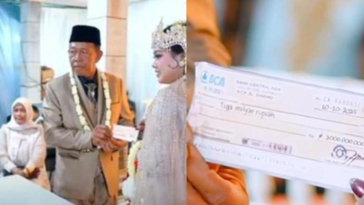 MAS KAWIN 3 MILIAR - Pernikahan Mbah Tarman dan Shiela Arika (KIRI). Penampakan cek Rp 3 miliar (KANAN). Tarman kini kabur usai dua hari menikah, alasannya ternyata buat mencengangkan