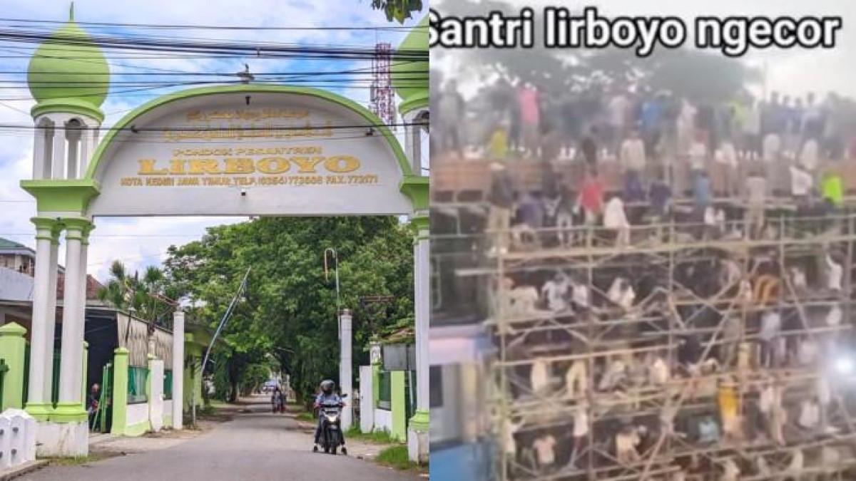 SANTRI IKUT NGECOR - Tangkapan layar video ratusan santri ikut ngecor bangunan dan gerbang gapura masuk Pondok Pesantren Lirboyo Kota Kediri, Jawa Timur.