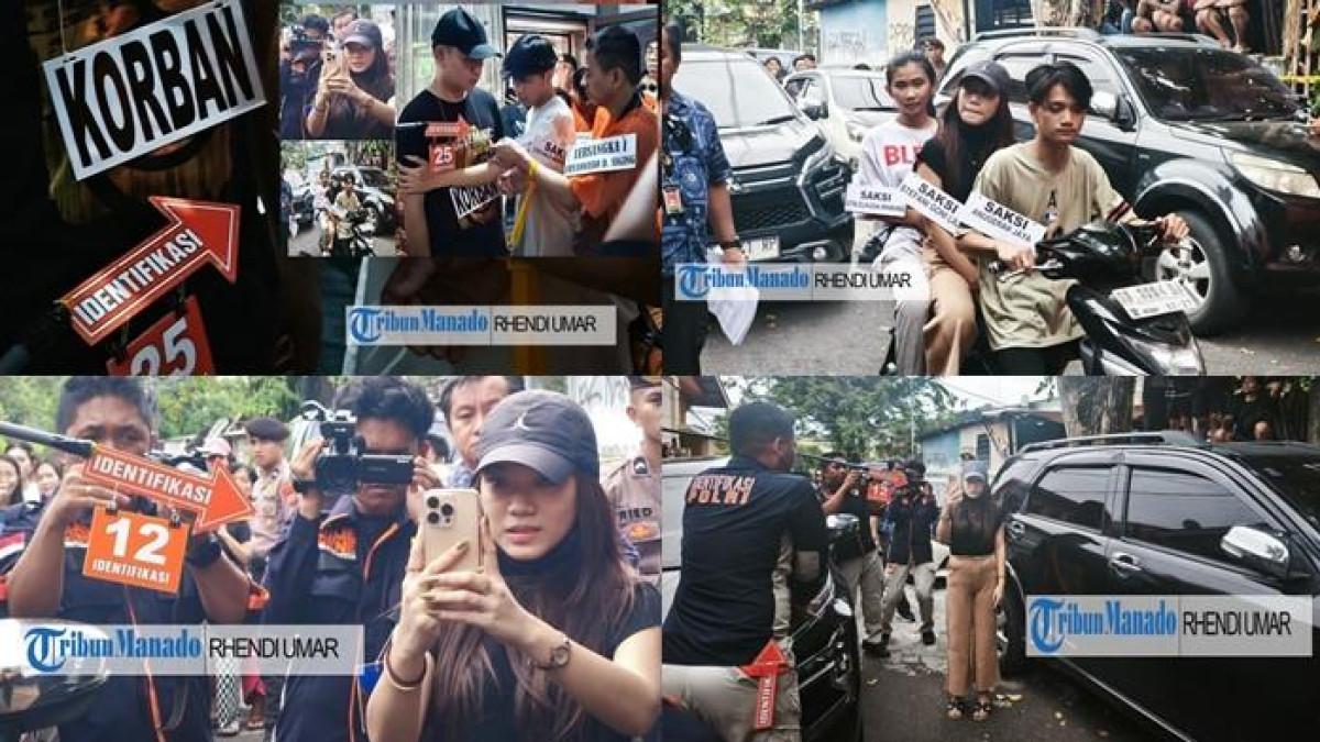 MOMEN REKONSTRUKSI - Potret-potret proses rekonstruksi pembunuhan Alberto Benedict Joel Tanos yang digelar di wilayah Kecamatan Sario, Kota Manado, Provinsi Sulawesi Utara pada Jumat (10/10/2025). Tiga saksi penting dihadirkan, yakni Stefani Goni, Anugerah Jaya dan Claudia Rawung.