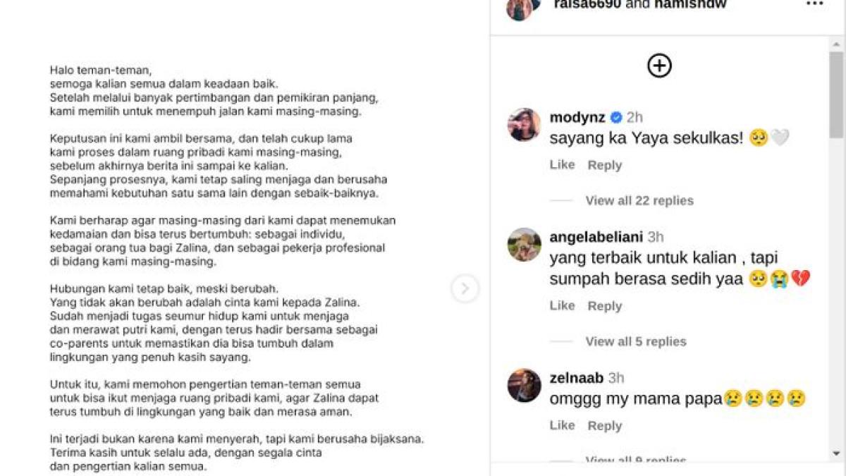 PERCERAIAN ARTIS - Raisa unggah kalimat penjelasan tentang kondisi rumah tangganya dengan Hamish Daud. Tak lama postingan tersebut langsung dihapus.