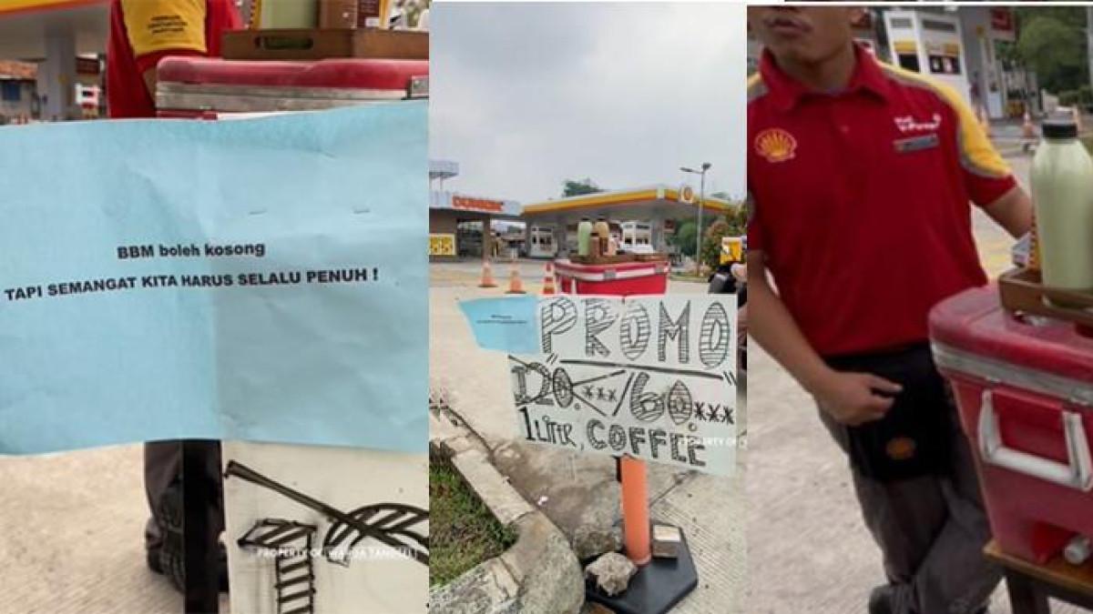 JUALAN KOPI DI SPBU - SPBU Shell Ciputat buka lapak kopi, Rabu (17/9/2025). SPBU Shell Ciputat kehabisan BBM dan hanya memiliki stok BBM jenis V-Power Diesel.