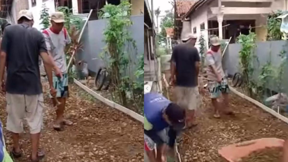 WARGA COR JALAN - Semangat gotong royong warga Dukuh Sibango, bahu-membahu memperbaiki jalan rusak di lingkungan mereka.