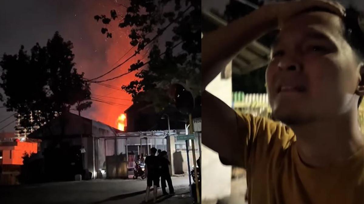 RUMAH ANISA KEBAKARAN - Suami Anisa Rahma, Anandito Dwi Sepdiawan menangis histeris melihat rumahnya ludes terbakar.