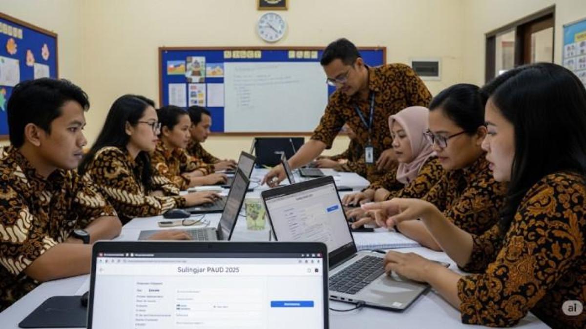 SOAL SULINGJAR 2025 - Gambar guru-guru di Indonesia yang sedang mengisi survei lingkungan belajar pendidikan anak usia dini (Sulingjar PAUD) 2025 secara daring dibuat dengan kecerdasan buatan (AI), Sabtu (23/8/2025). Soal Survei Lingkungan Belajar dan kunci jawaban Sulingjar PAUD Paket A refrensi untuk mengisi survei pada 15 September hingga 10 Oktober 2025.