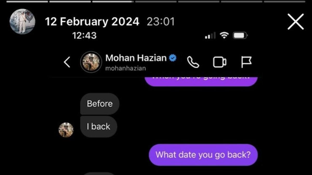 KASUS PELECEHAN SEKSUAL - Tangkapan layar percakapan Mohan Hazian dengan model asal Malaysia.