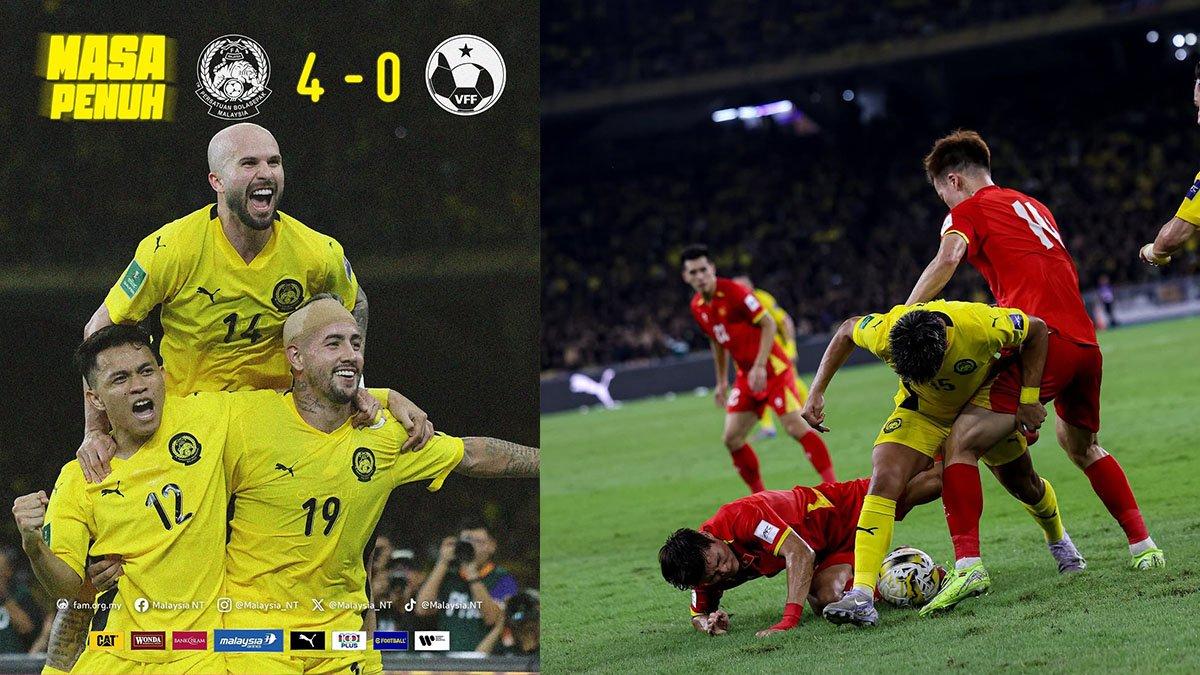 PEMAIN TIMNAS MALAYSIA - Para pemain Timnas Malaysia saat menang 4-0 dari Vietnam pada pada Kualifikasi Piala Asia 2027, Selasa (10/6/2025)