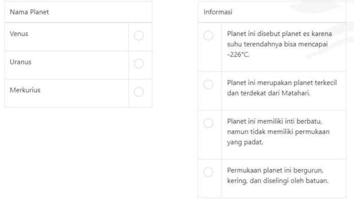 Pasangkanlah nama planet (yang ada pada lajur kiri) dengan informasi (yang ada pada lajur kanan) sesuai dengan isi teks!