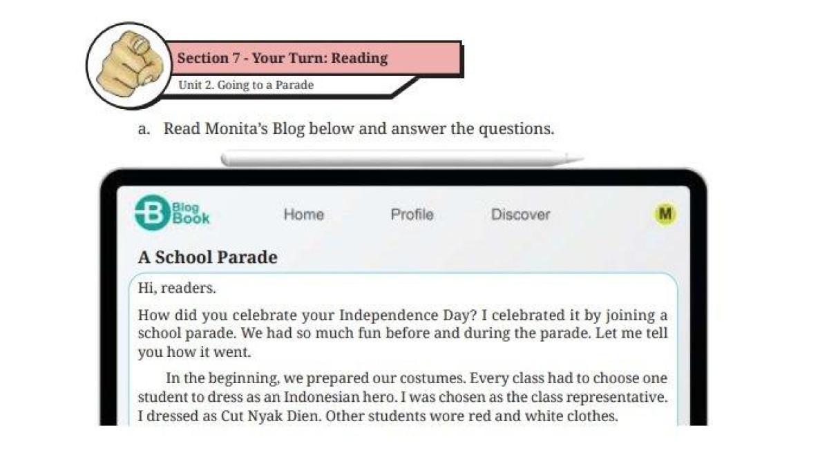 Kunci jawaban Bahasa Inggris kelas 8 halaman 50 Kurikulum Merdeka. Terdapat soal terkait bacaan berjudul A School Parade pada tugas Section 7 - Your Turn: Reading.
