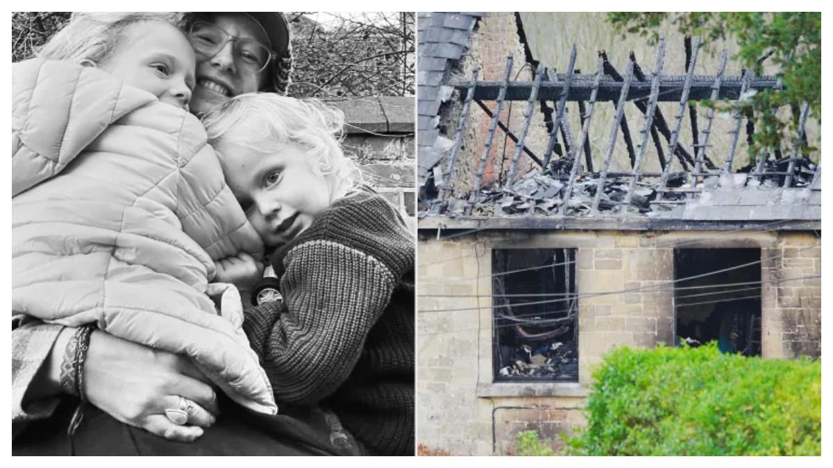 Fionnghuala Shearman bersama kedua anaknya; Layanan darurat di lokasi kejadian di Brimscombe Hill, dekat Stroud setelah kebakaran rumah.
