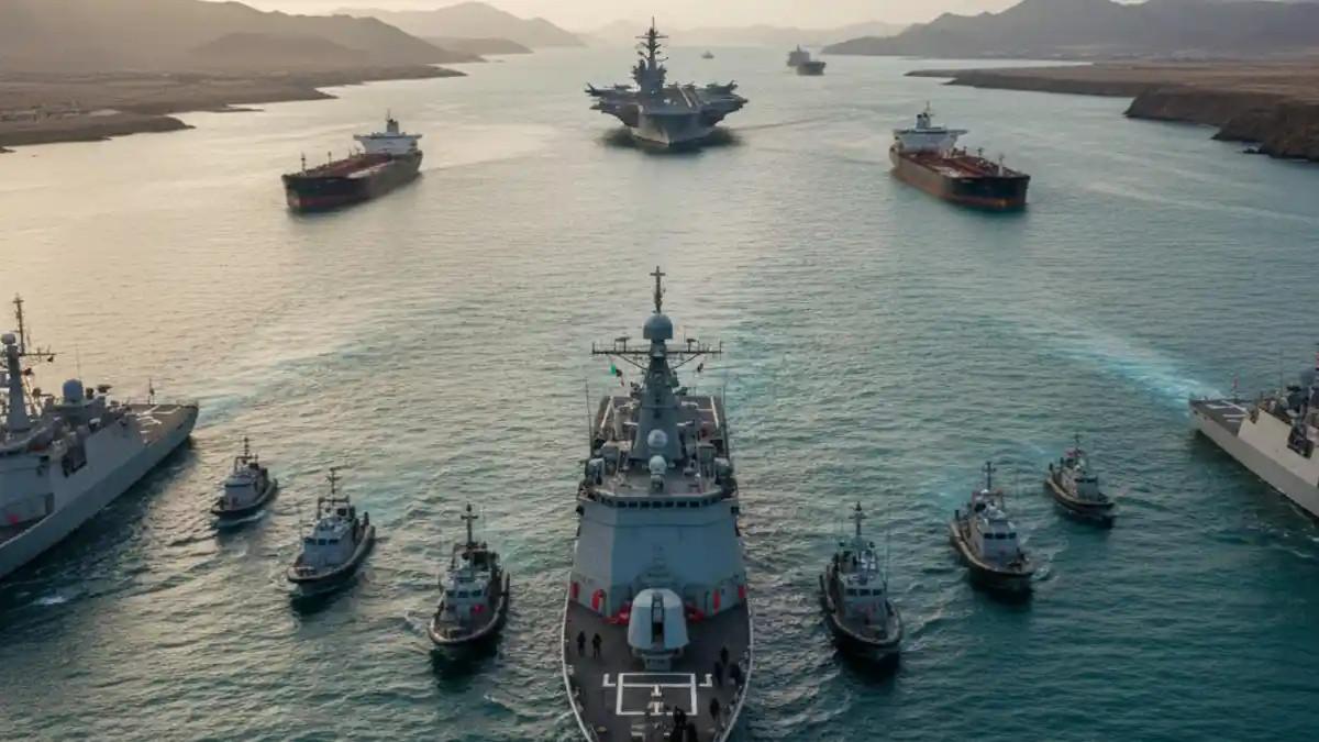 SIAGA SELAT HORMUZ - Foto merupakan ilustrasi yang dibuat menggunakan kecerdasan buatan soal ketegangan antara Iran dan Amerika Serikat yang semakin memanas setelah militer Iran menyatakan siap menghadapi armada laut AS di Selat Hormuz, salah satu jalur energi paling vital di dunia.