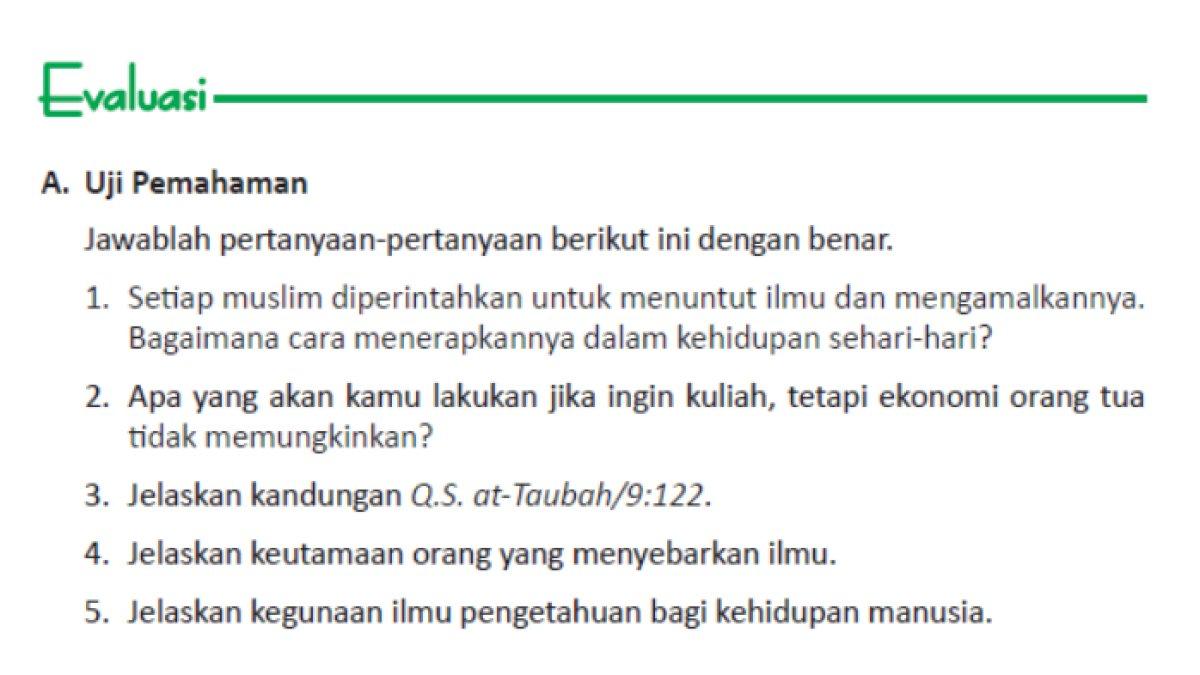 Kunci Jawaban PAI & Budi Pekerti Kelas 10 Hal 168 Bagian Evaluasi: Keutamaan Orang Menyebarkan Ilmu
