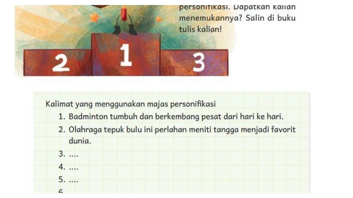 Soal buku Bahasa Indonesia Kelas 4 halaman 96 Kurikulum Merdeka - Kunci jawaban Bahasa Indonesia Kelas 4 halaman 96 Kurikulum Merdeka, Kalimat Majas Personifikasi di bacaan Tepok Bulu, Bab 4 Meliuk dan Menerjang.
