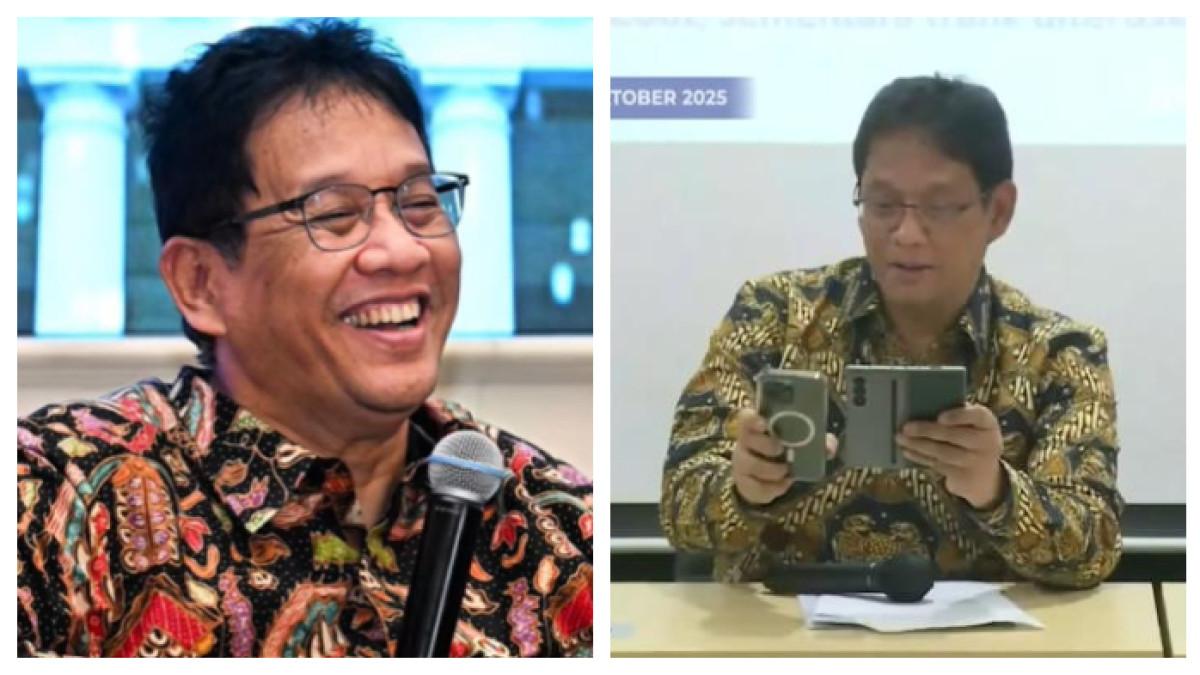 MENKEU PURBAYA - Momen Menteri Keuangan Purbaya Yudhi Sadewa saat membandingkan ponsel miliknya dengan anak buah jadi sorotan. Ia pun tertawa.