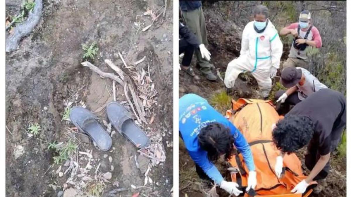 JENAZAH DI CIREMAI - Kolase foto: Sandal diduga milik korban meninggal dunia di kawasan puncak Gunung Ciremai, Jawa Barat saat ditemukan petugas Balai Taman Nasional Gunung Ciremai (BTNGC), Rabu (29/10/2025) (Kiri) dan proses evakuasi jenazah yang dilakukan tim evakuasi gabungan SAR dan BPBD Kuningan.