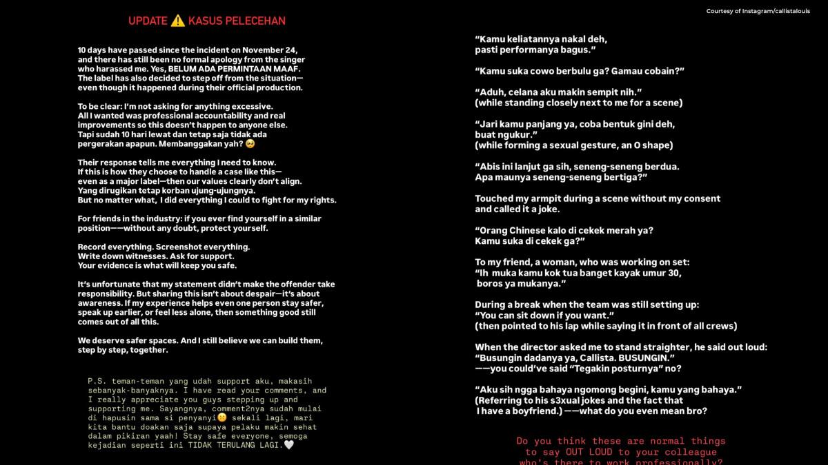 SOSOK SELEBRITI - Model Callista Louis yang speak up pernah menerima pelecehan dari penyanyi pria.