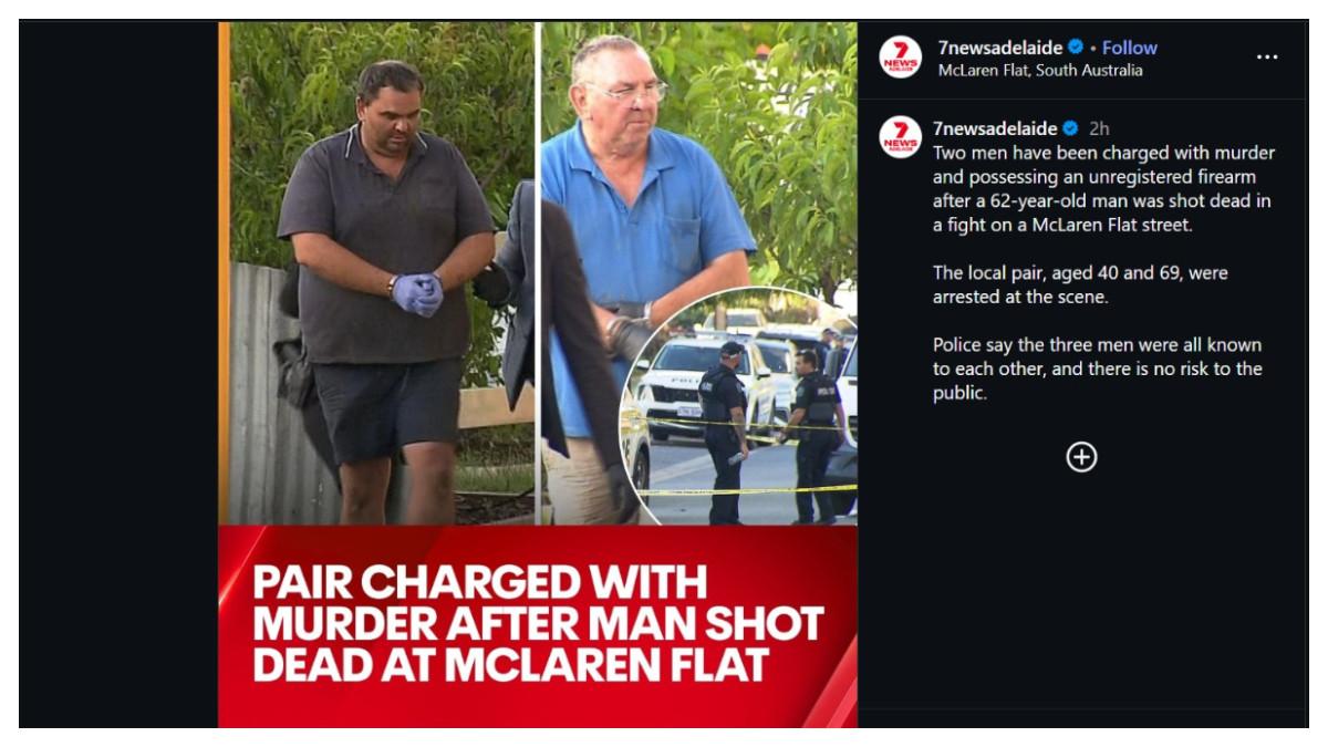 Dua pria telah didakwa dengan pembunuhan setelah seorang pria diduga ditembak selama pertengkaran di sebuah jalan di Australia Selatan. Layanan darurat dipanggil ke Oakley Road di McLaren Flat, selatan Adelaide, setelah dilaporkan seorang pria terluka sebelum pukul 6 sore kemarin.Seorang pria berusia 62 tahun dari McLaren Flat ditemukan meninggal dunia.