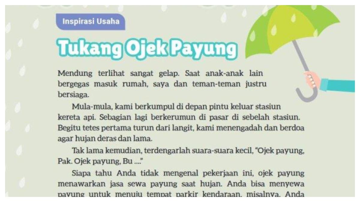 Kunci jawaban Bahasa Indonesia kelas 9 SMP/MTs halaman 104 pada buku Kurikulum Merdeka: menjawab 10 soal berdasarkan bacaan Tukang Ojek Payung.