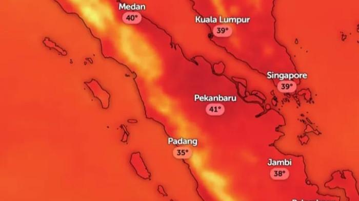 CUACA PANAS – Peta suhu yang dirasakan tubuh manusia (feels like temperature) menunjukkan sebagian besar wilayah Pulau Sumatra dilanda cuaca panas pada Jumat (5/6/2026). Kota Pekanbaru mencatat suhu tertinggi mencapai 41 derajat Celsius, sementara Medan, Palembang, dan Bengkulu berada di angka 40 derajat Celsius. BMKG menjelaskan kondisi tersebut dipengaruhi minimnya pasokan uap air akibat pergerakan angin dari Australia, sehingga pembentukan awan hujan berkurang dan cuaca panas lebih dominan.