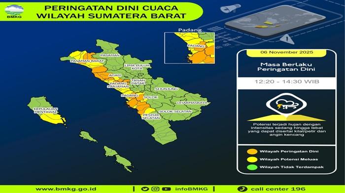 Peringatan Dini Cuaca BMKG di Sumbar, Hujan Lebat dan Petir Berpotensi Terjadi Hingga Sore Ini