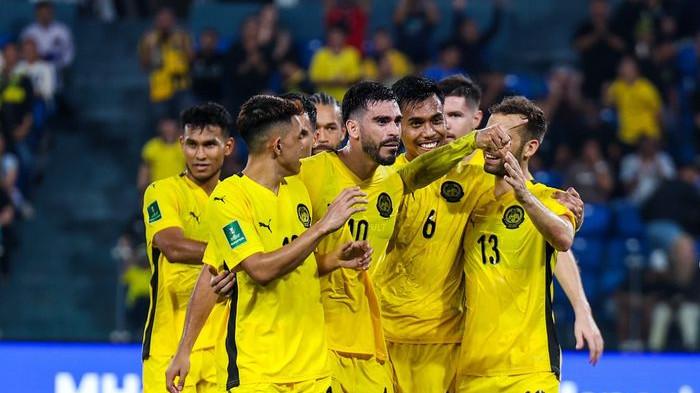 SELEBRASI PEMAIN TIMNAS MALAYSIA - Para pemain Timnas Malaysia dalam laga melawan Vietnam di Kualifikasi Piala Asia 2027 di Stadion Bukit Jalil, Kuala Lumpur, 10 Juni 2025.