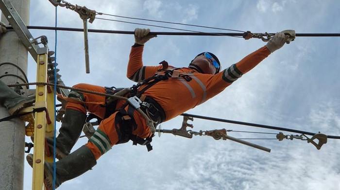PENANGANAN BENCANA SUMATERA - Personel PLN melakukan penarikan kabel Saluran Udara Tegangan Menengah (SUTM) di Panton Labu, Aceh Utara.