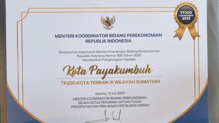 Kota Payakumbuh Dinobatkan Sebagai Tim Percepatan, dan Perluasan Digitalisasi Daerah Terbaik 3