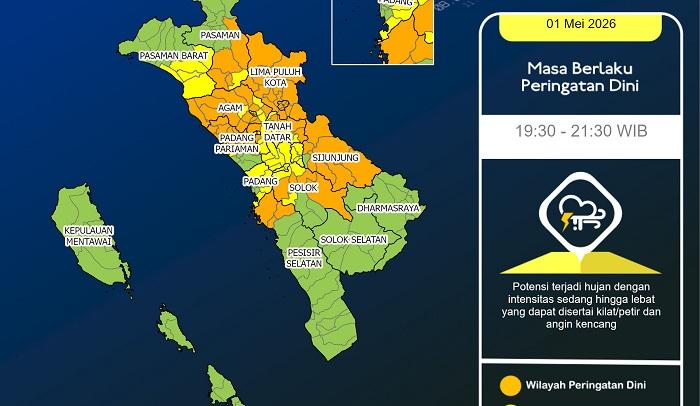 BMKG Ingatkan Potensi Cuaca Ekstrem Sumatera Barat Malam Ini, Hujan Lebat Guyur Sijunjung dan Agam