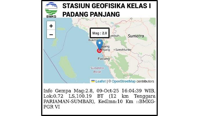 BREAKING NEWS Gempa Magnitudo 2,8 Guncang Pariaman, Sumber Guncangan Kedalaman 10 Km