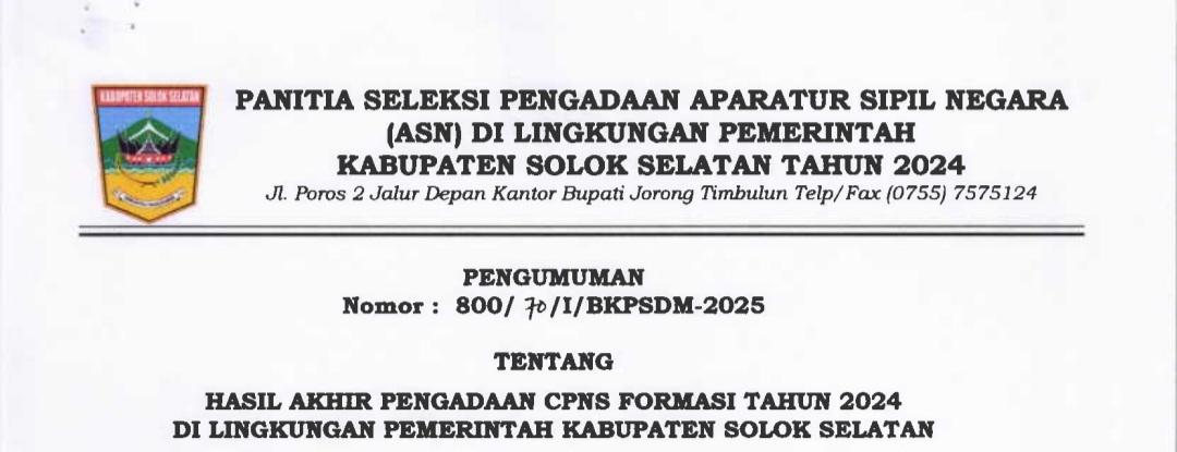 Pemkab Solok Selatan Umumkan Hasil Akhir Pengadaan CPNS 2024, 31 Formasi Dinyatakan Terisi