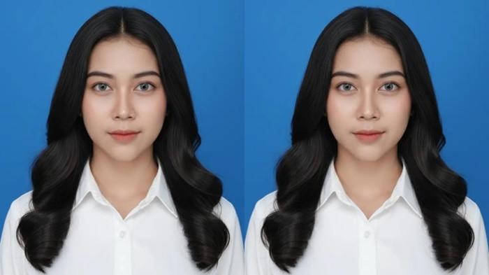 Foto studio background biru berbaju kemeja putih 