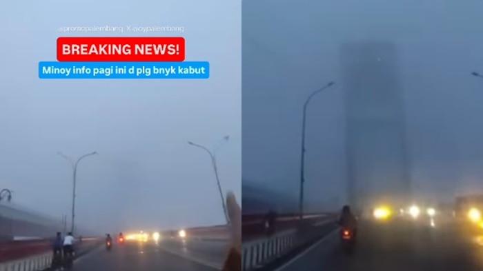 KABUT TEBAL PALEMBANG - Kolase. Kabut tebal di Palembang mengakibatkan Ampera tak terlihat, pada Minggu (18/1/2026) pagi.