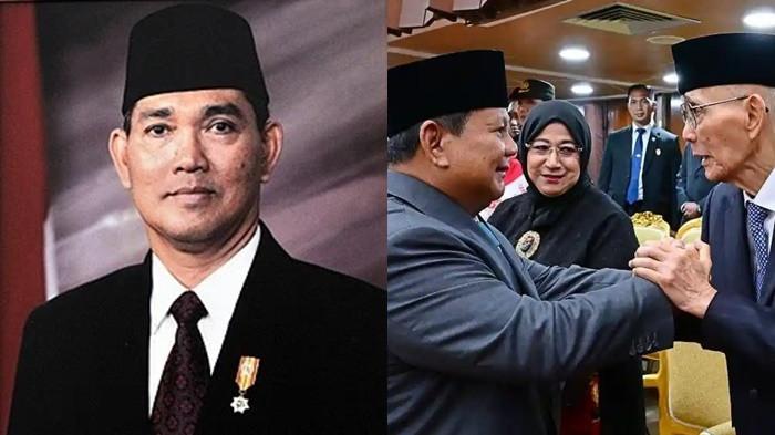 SAMPAIKAN UNGKAPAN DUKA - Potret Try Sutrisno semasa hidup saat menjadi Wakil Presiden RI ke-6. (kiri). Presiden Prabowo Subianto menyalami mantan Wakil Presiden Try Sutrisno yang turut hadir dalam Sidang Tahunan MPR-RI dan Sidang Bersama DPR-RI dan DPD-RI di Gedung Nusantara, Jakarta Pusat, Jumat (15/8/2025) (kanan). Kini istana sampaiakan ungkapan duka.