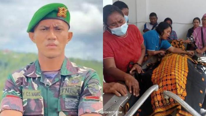 ANGGOTA TNI TEWAS - (Kiri) Foto Prada Lucky Namo (23), anggota Batalyon Infanteri Teritorial Pembangunan 834/Wakanga Mere (Yonif TP 834/WM) semasa hidup dan (Kanan) Jenazah Prada Lucky Namo (23), anggota Batalyon Infanteri Teritorial Pembangunan 834/Wakanga Mere (Yonif TP 834/WM), saat berada di RSUD Aeramo, Kabupaten Nagekeo, pada Rabu (6/8/2025).