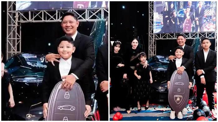 KADO MOBIL MEWAH - Kolase Qansa Alrifaat Najmuddin bersama sang ayah (kiri) dan bersama keluarganya (kanan) saat merayakan ulang tahun ke-9 di di Ballroom Hotel Four Points Makassar, Jumat (7/11/2025). Qansa Alrifaat Najmuddin menerima hadiah Lamborghini Revuelto seharga Rp25 M.