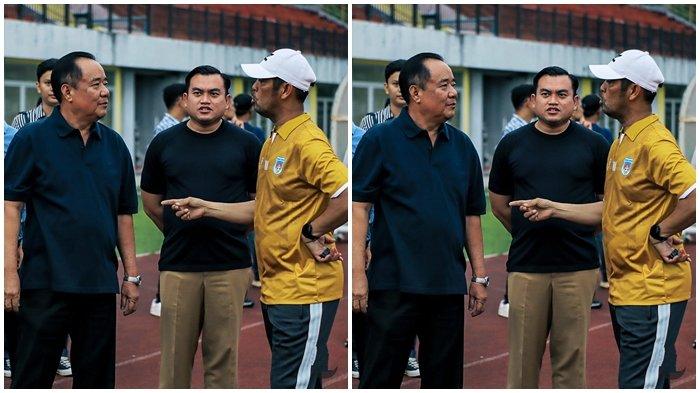 MOTIVASI TIM SUFC - Wakil Gubernur Sumsel H Cik Ujang selaku Presiden Klub Sumsel United FC bersama Manajer Tim dr Syamsuddin Isaac dan Pelatih Kepala Nil Maizar memberikan motivasi kepada para pemain pada latihan perdana di Lapangan Atletik Dalam JSC Palembang, Senin (23/6/2025) sore. 