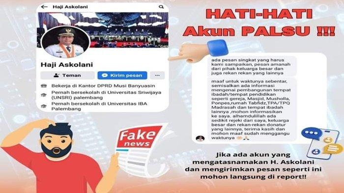 Jelang Pilkada Banyuasin 2024, Muncul Akun Palsu Askolani Kirim Pesan Minta Uang