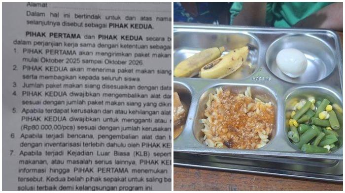 ISI SURAT PERJANJIAN - Isi dokumen perjanjian antara SPPG (pihak pertama) dengan pihak kedua (sekolah penerima manfaat) yang beredar di aplikasi percakapan Whatsapp (kiri) dan ilustrasi MBG (kanan). Kini pihak Badan Gizi Nasional (BGN) buka suara.